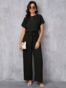 Mono Elegante de Pierna Ancha con Cinturón y Cuello Redondo