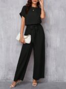 Mono Elegante de Pierna Ancha con Cinturón y Cuello Redondo