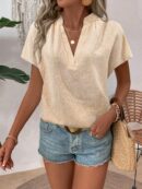Camisa Veraniega Casual Texturizada con Mangas Murciélago y Cuello Muesca