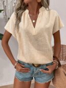 Camisa Veraniega Casual Texturizada con Mangas Murciélago y Cuello Muesca
