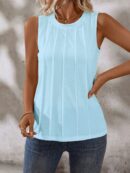 Musculosa de Verano de Color Sólido con Cuello Redondo y Plisado