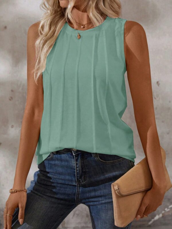 Musculosa de Verano de Color Sólido con Cuello Redondo y Plisado - Image 78