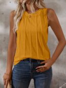 Musculosa de Verano de Color Sólido con Cuello Redondo y Plisado