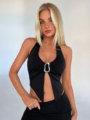 Camisola Ajustada con Cuello Halter, Espalda Descubierta y Decoración Metálica