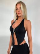 Camisola Ajustada con Cuello Halter, Espalda Descubierta y Decoración Metálica