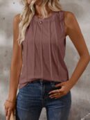 Musculosa de Verano de Color Sólido con Cuello Redondo y Plisado