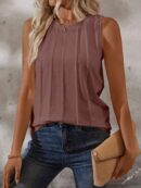 Musculosa de Verano de Color Sólido con Cuello Redondo y Plisado