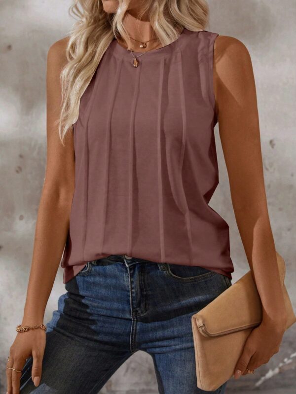 Musculosa de Verano de Color Sólido con Cuello Redondo y Plisado - Image 147