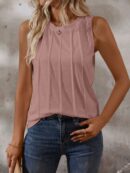 Musculosa de Verano de Color Sólido con Cuello Redondo y Plisado