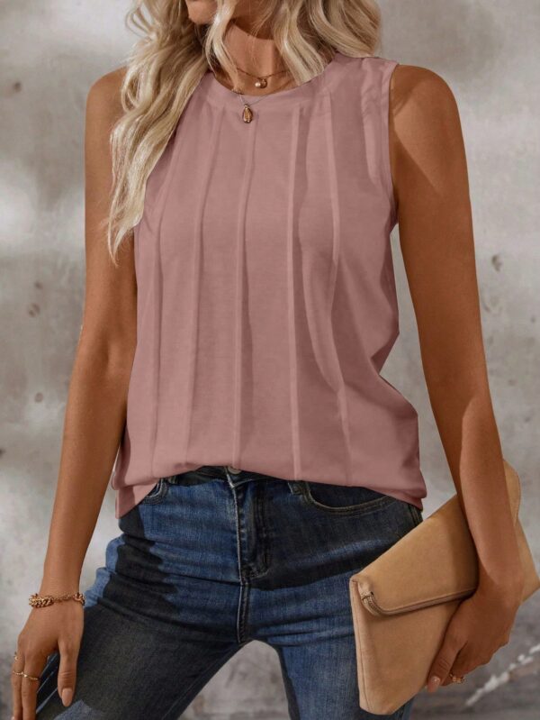 Musculosa de Verano de Color Sólido con Cuello Redondo y Plisado - Image 38