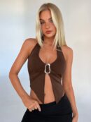 Camisola Ajustada con Cuello Halter, Espalda Descubierta y Decoración Metálica