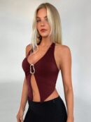 Camisola Ajustada con Cuello Halter, Espalda Descubierta y Decoración Metálica