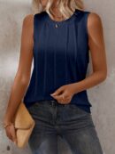 Musculosa de Verano de Color Sólido con Cuello Redondo y Plisado