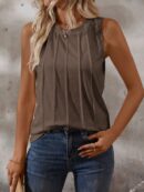 Musculosa de Verano de Color Sólido con Cuello Redondo y Plisado