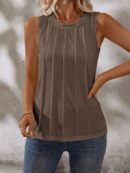 Musculosa de Verano de Color Sólido con Cuello Redondo y Plisado