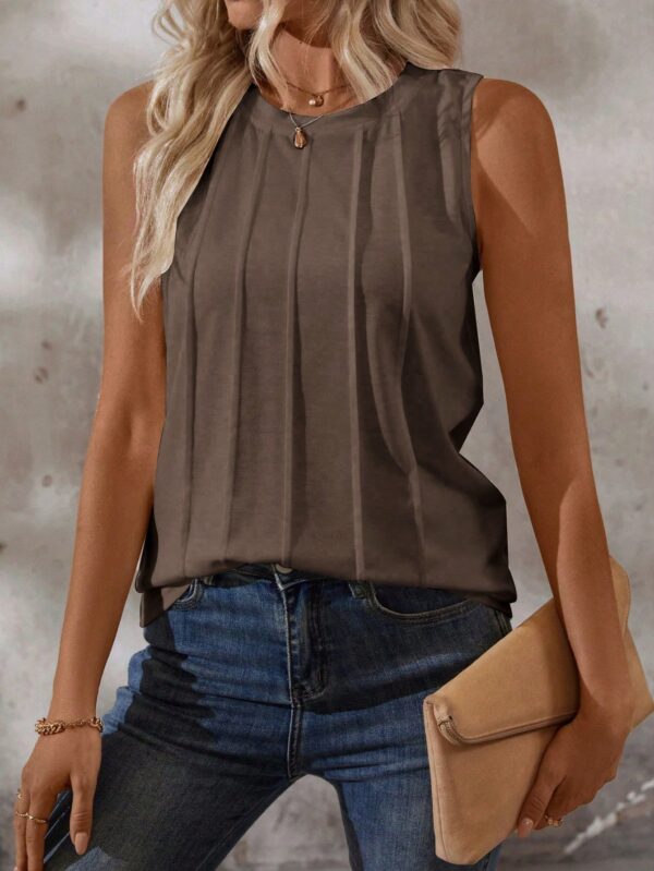 Musculosa de Verano de Color Sólido con Cuello Redondo y Plisado - Image 111