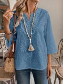 Blusa Casual de Manga Tres Cuartos en Color Sólido con Cuello V