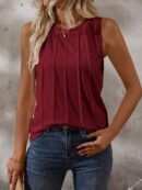 Musculosa de Verano de Color Sólido con Cuello Redondo y Plisado
