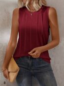 Musculosa de Verano de Color Sólido con Cuello Redondo y Plisado