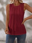 Musculosa de Verano de Color Sólido con Cuello Redondo y Plisado