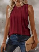 Musculosa de Verano de Color Sólido con Cuello Redondo y Plisado