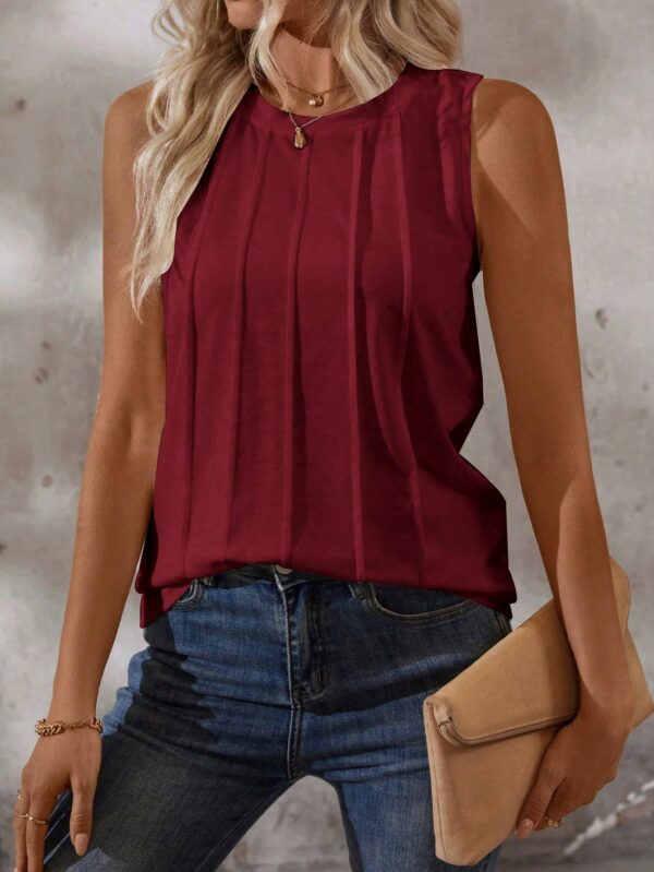 Musculosa de Verano de Color Sólido con Cuello Redondo y Plisado - Image 45