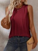 Musculosa de Verano de Color Sólido con Cuello Redondo y Plisado