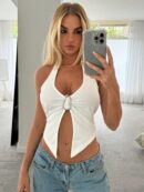 Camisola Ajustada con Cuello Halter, Espalda Descubierta y Decoración Metálica