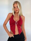 Camisola Ajustada con Cuello Halter, Espalda Descubierta y Decoración Metálica