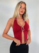 Camisola Ajustada con Cuello Halter, Espalda Descubierta y Decoración Metálica