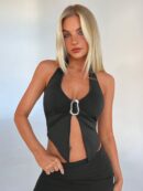 Camisola Ajustada con Cuello Halter, Espalda Descubierta y Decoración Metálica