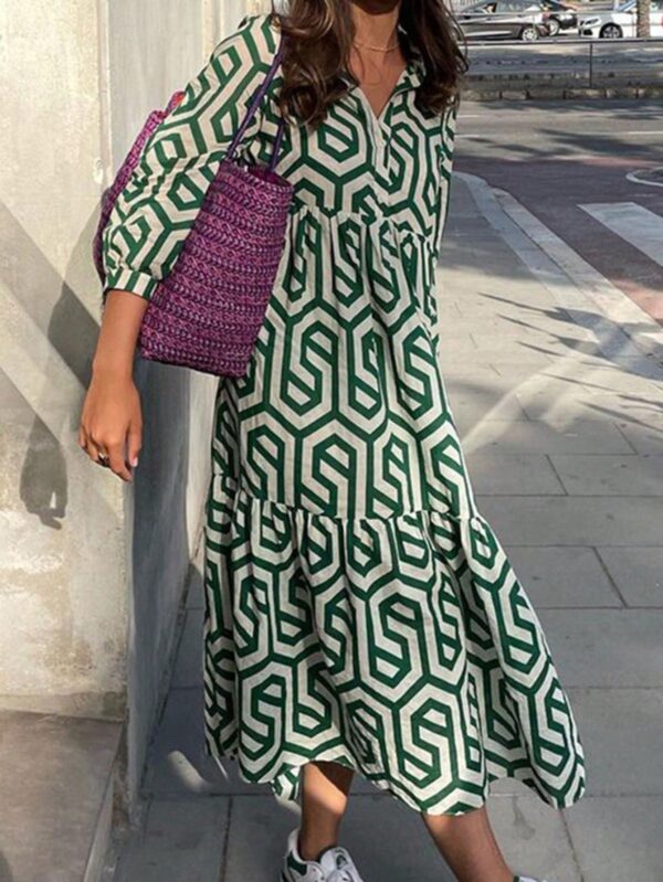 Vestido Camisero con Estampado Geométrico y Manga Larga - Image 2