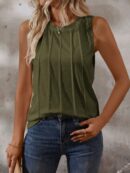 Musculosa de Verano de Color Sólido con Cuello Redondo y Plisado