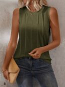 Musculosa de Verano de Color Sólido con Cuello Redondo y Plisado