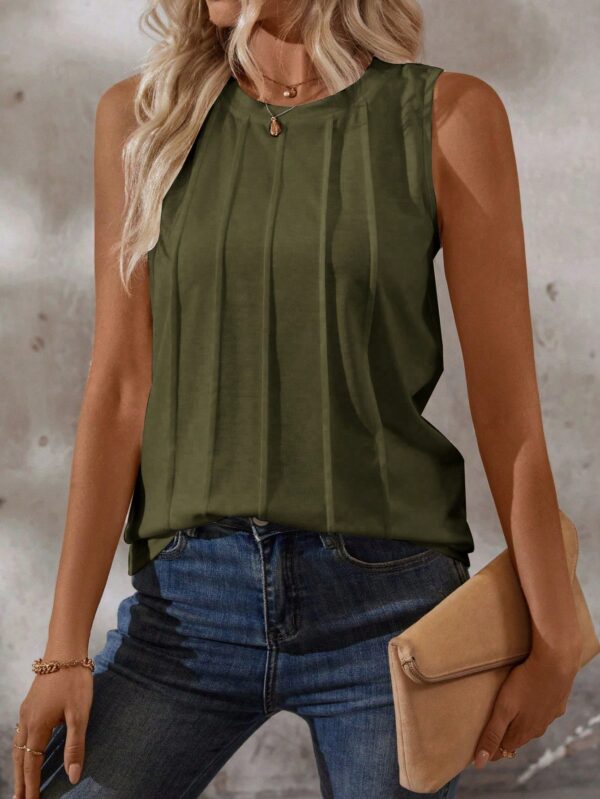 Musculosa de Verano de Color Sólido con Cuello Redondo y Plisado - Image 26