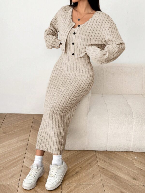 Conjunto Otoñal de Chaqueta y Vestido Midi Ajustado de Punto - Image 23