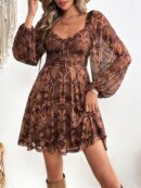 Vestido Playero Mini de Tricot con Cuello Corazón y Manga Larga