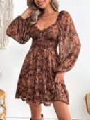 Vestido Playero Mini de Tricot con Cuello Corazón y Manga Larga