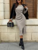 Vestido Midi Casual Cintura Ruched, Manga Larga y Abertura Lateral