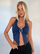 Camisola Ajustada con Cuello Halter, Espalda Descubierta y Decoración Metálica