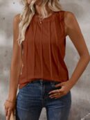 Musculosa de Verano de Color Sólido con Cuello Redondo y Plisado