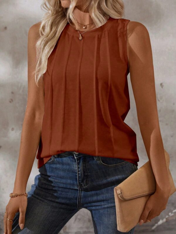 Musculosa de Verano de Color Sólido con Cuello Redondo y Plisado - Image 151
