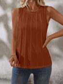 Musculosa de Verano de Color Sólido con Cuello Redondo y Plisado