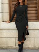 Vestido Midi Casual Cintura Ruched, Manga Larga y Abertura Lateral