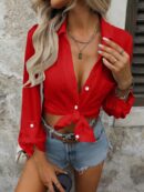 Camisa Casual Manga Larga con Botones Frontales y Bolsillo