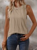 Musculosa de Verano de Color Sólido con Cuello Redondo y Plisado