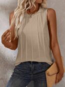 Musculosa de Verano de Color Sólido con Cuello Redondo y Plisado