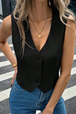 Chaleco Elegante Negro con Botón y Escote V