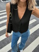 Chaleco Elegante Negro con Botón y Escote V