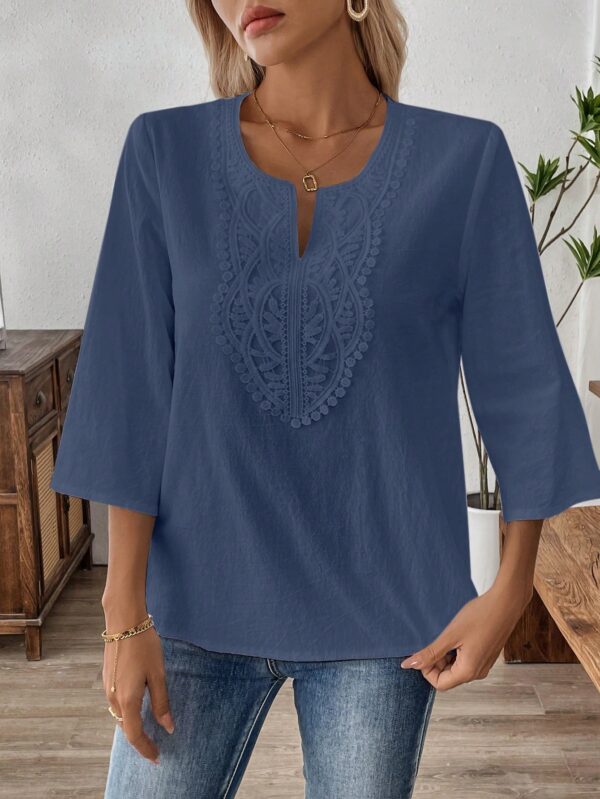 Blusa Casual de Manga Tres Cuartos en Color Sólido con Cuello V - Image 35